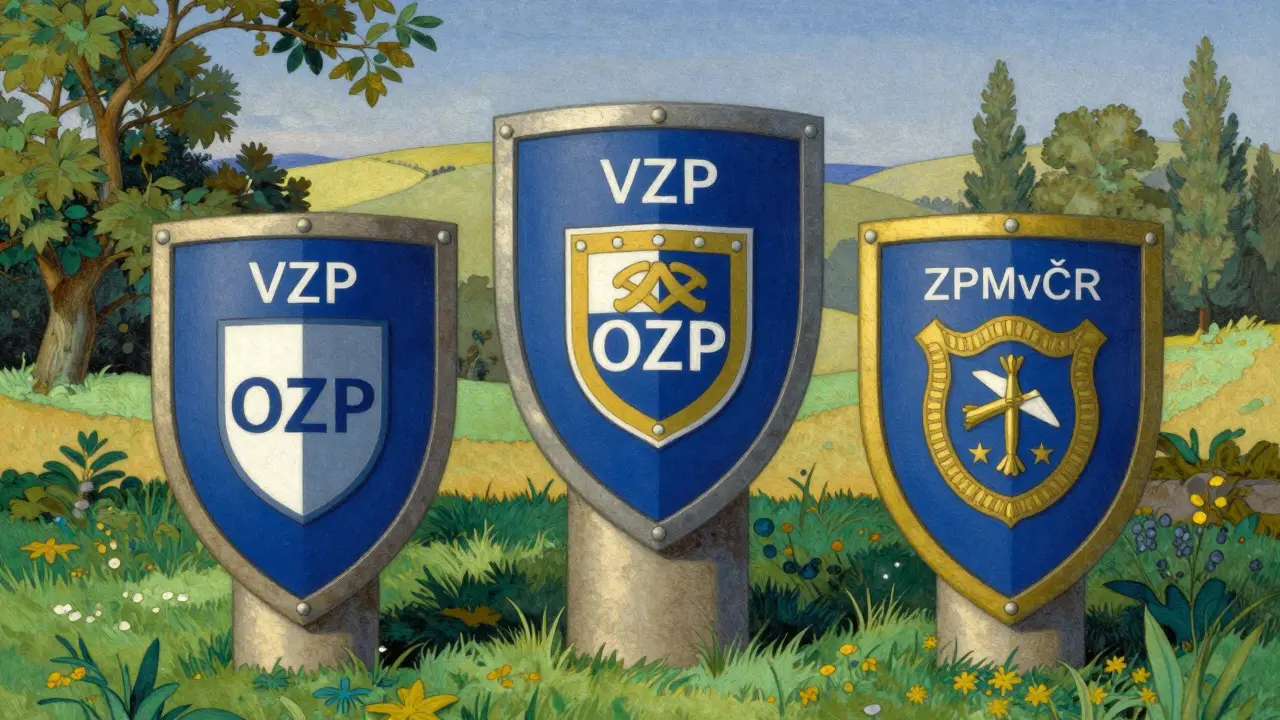 Stylizované štíty pojišťoven na pozadí krajině srovnávající benefity