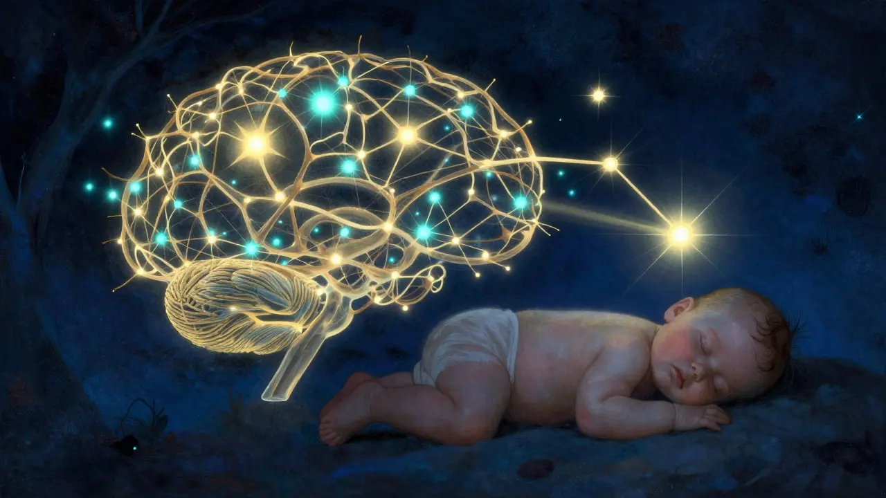 Symbolické znázornění růstu neuronů nad spícím dítětem