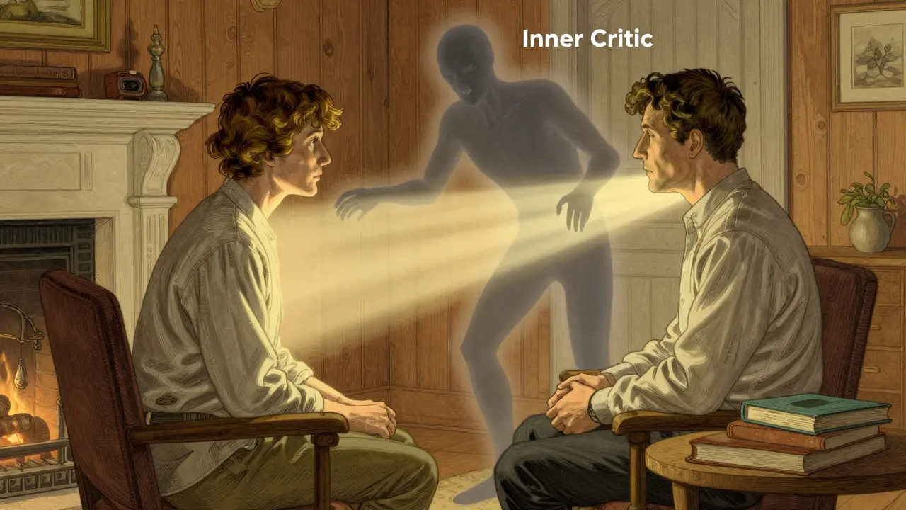 Terapeutická seance s vizualizací vnitřního kritika, ilustrace