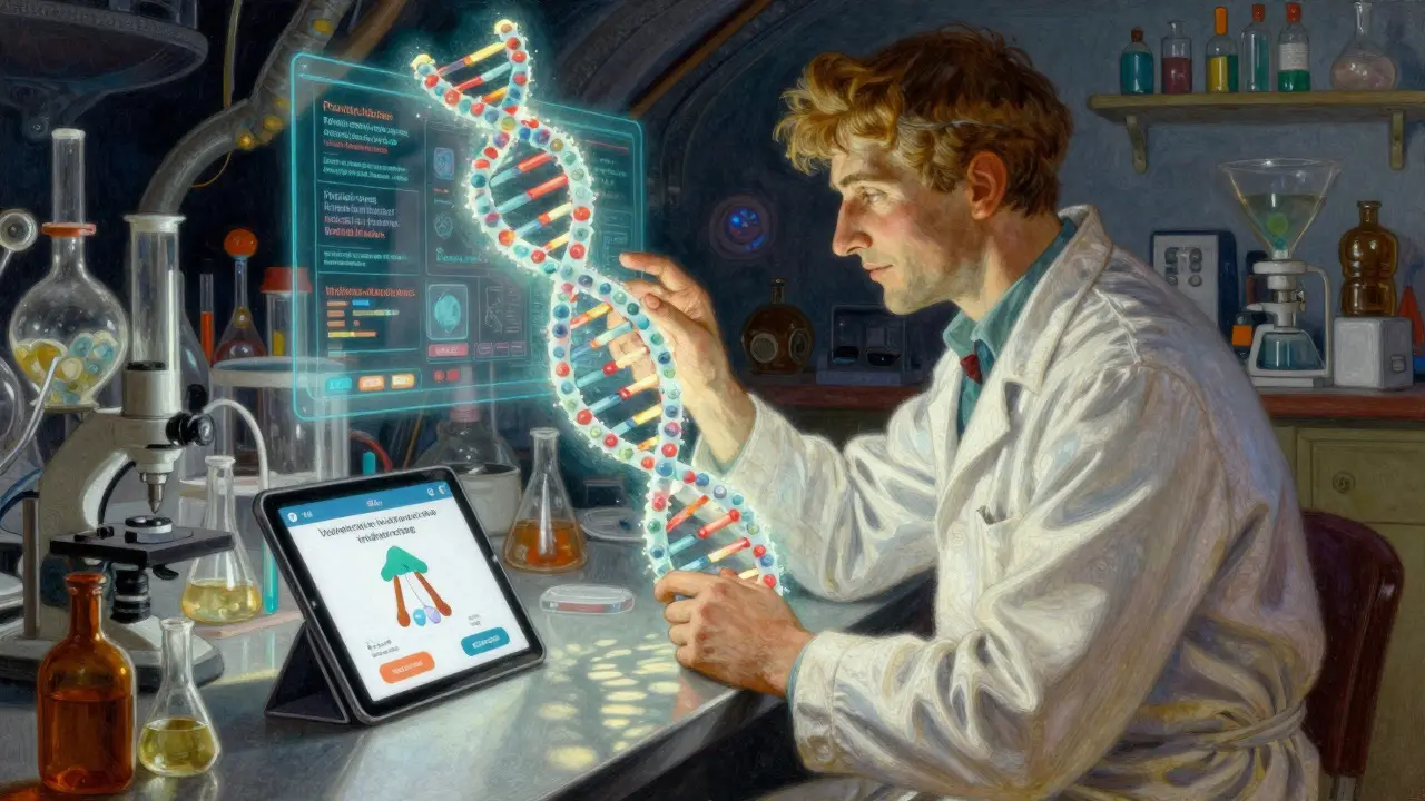Vědec zkoumající DNA a digitální aplikace pro léčbu ADHD, ilustrace v stylu Howarda Pyleho