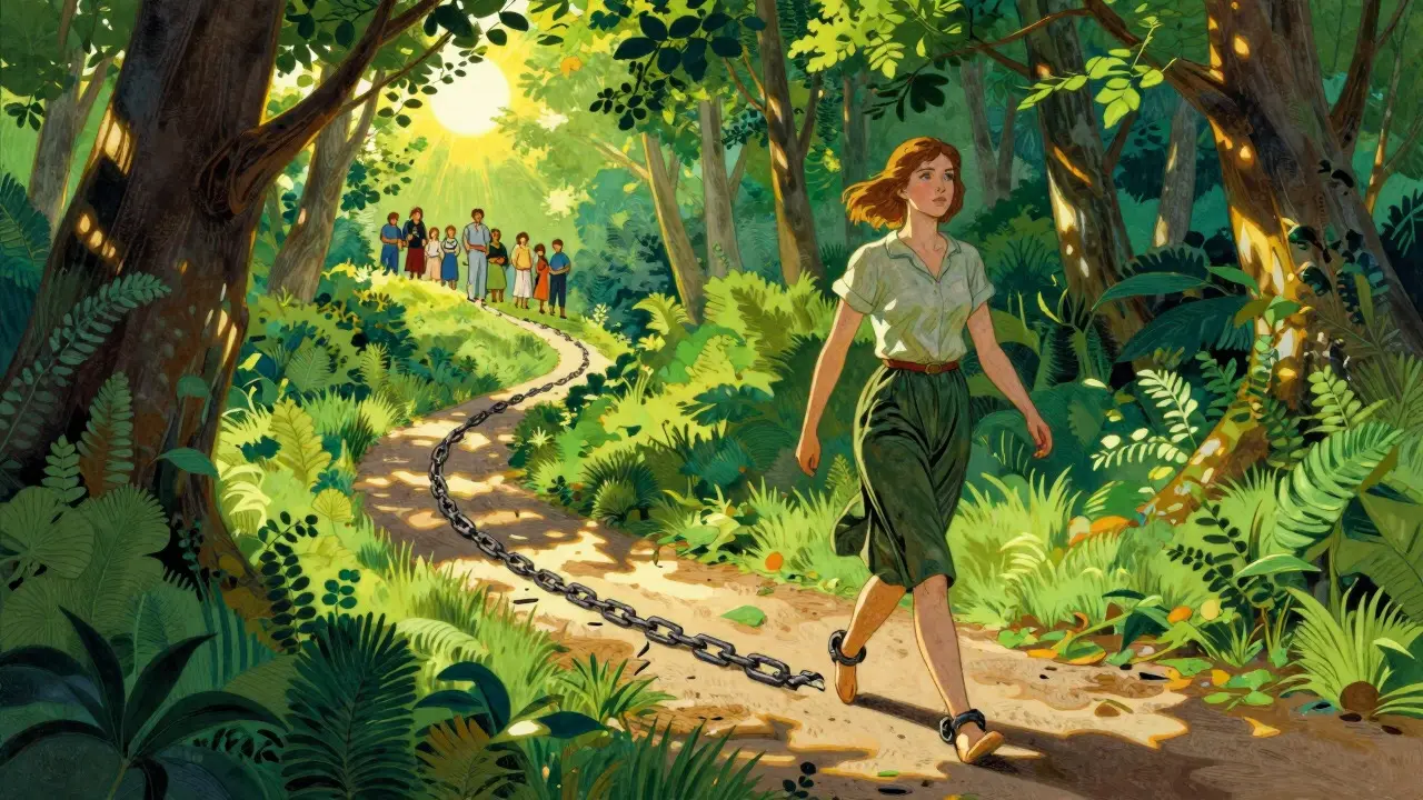 Žena chodící po cestě volnosti s přerušeny řetězy, ilustrace
