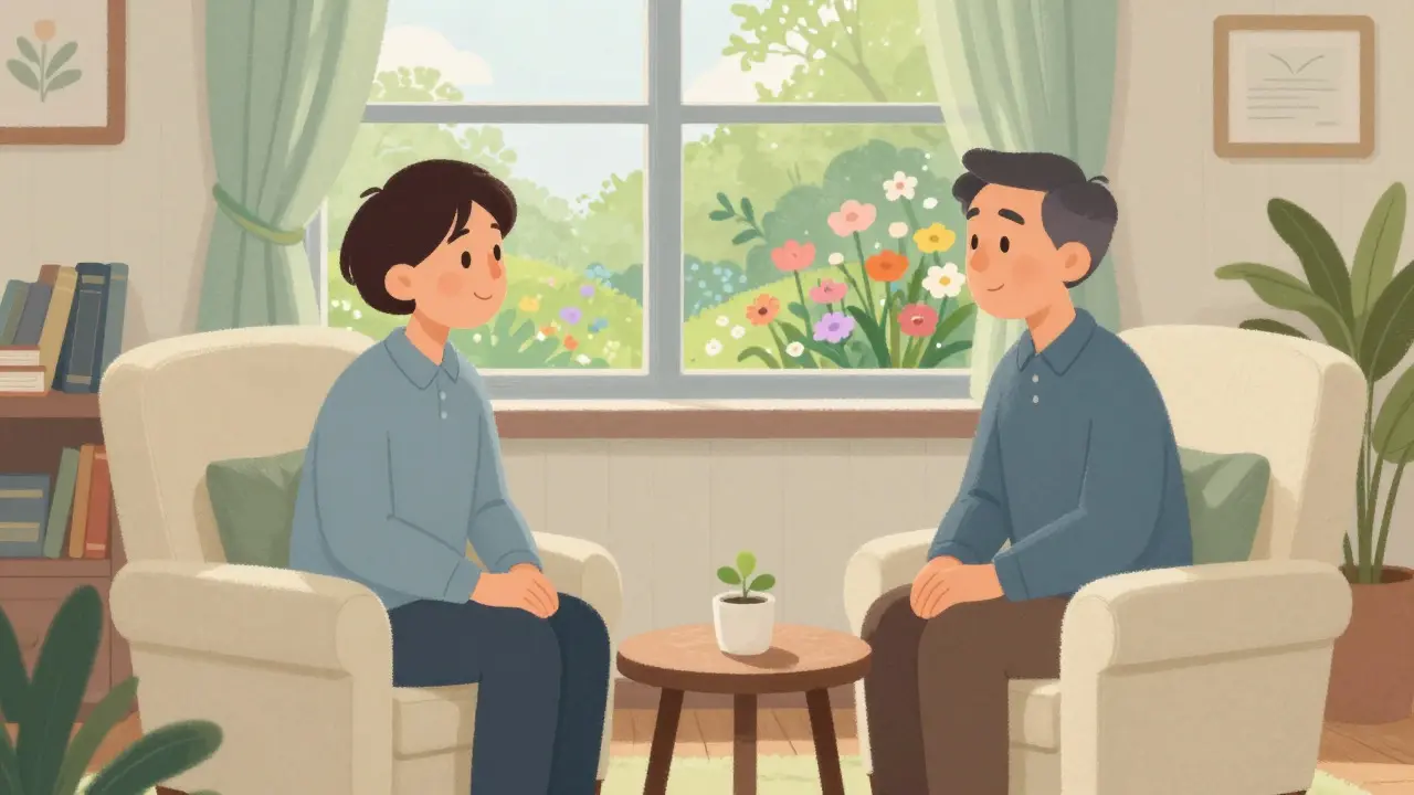 Ilustrace Howarda Pyleho: klient a terapeut v klidném pokoji s výhledem do zahrady