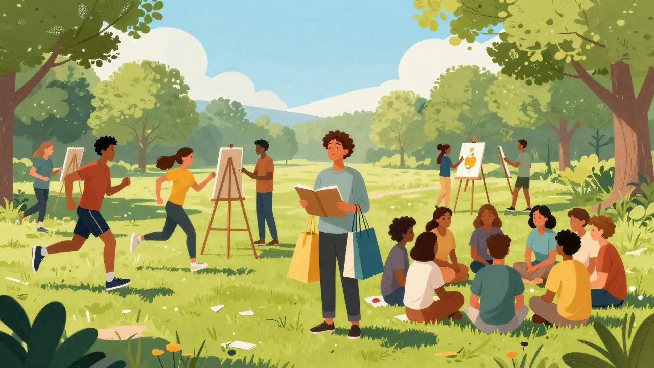 Ilustrace Howarda Pyleho s lidmi cvičícími a tvořícími v parku jako zdravou alternativou nakupování.