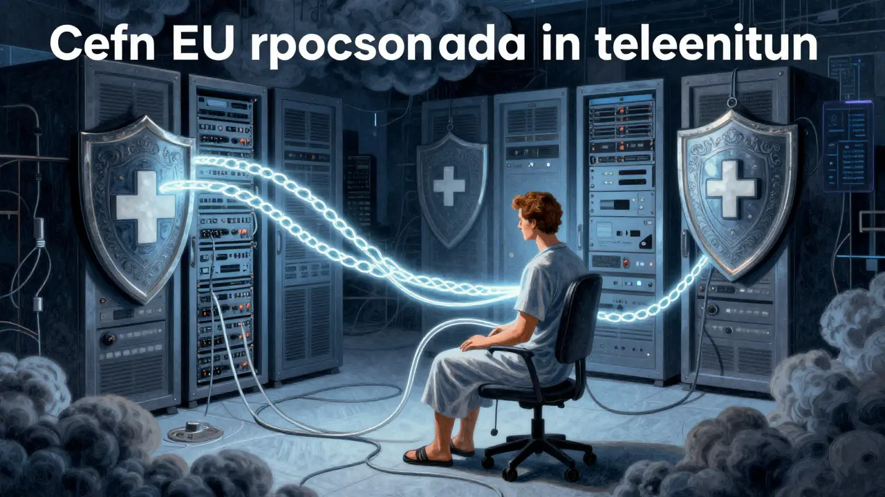 Konceptuální ilustrace ochrany dat při online terapii s štíty proti nešifrovaným kanálům.