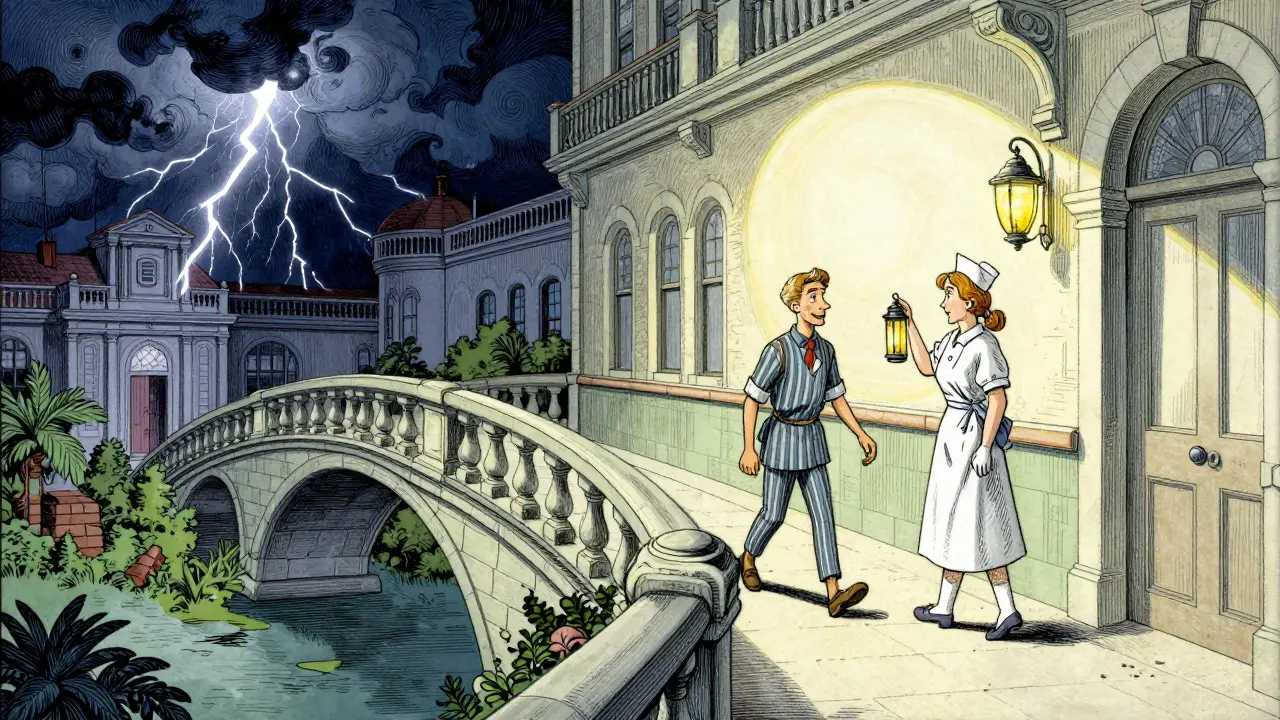 Kresba mostu mezi krizí a stabilitou v nemocnici v historickém ilustrativním stylu