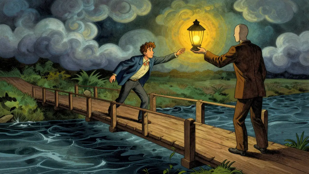 Metaforický most přes temnou řeku s lampou symbolizující pomoc