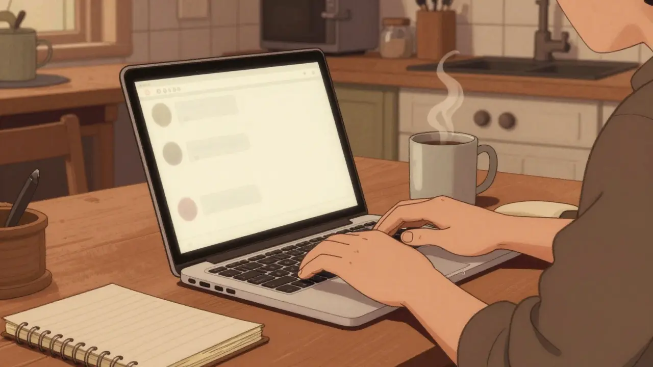 Ruka píšící na laptopu u kuchyňského stolu s horkým nápojem vedle