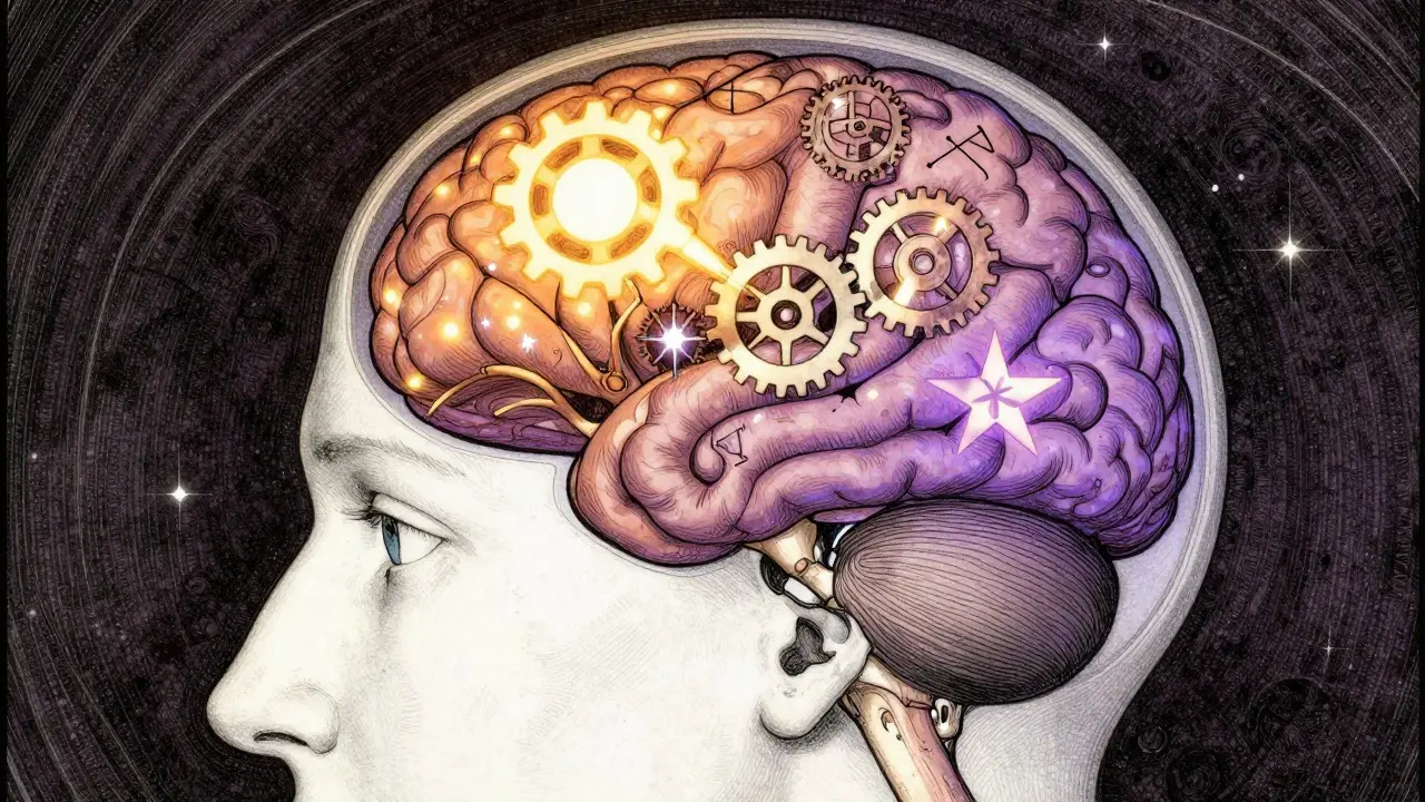 Vintage cartoon illustration of a brain with glowing areas and symbolic patterns inside