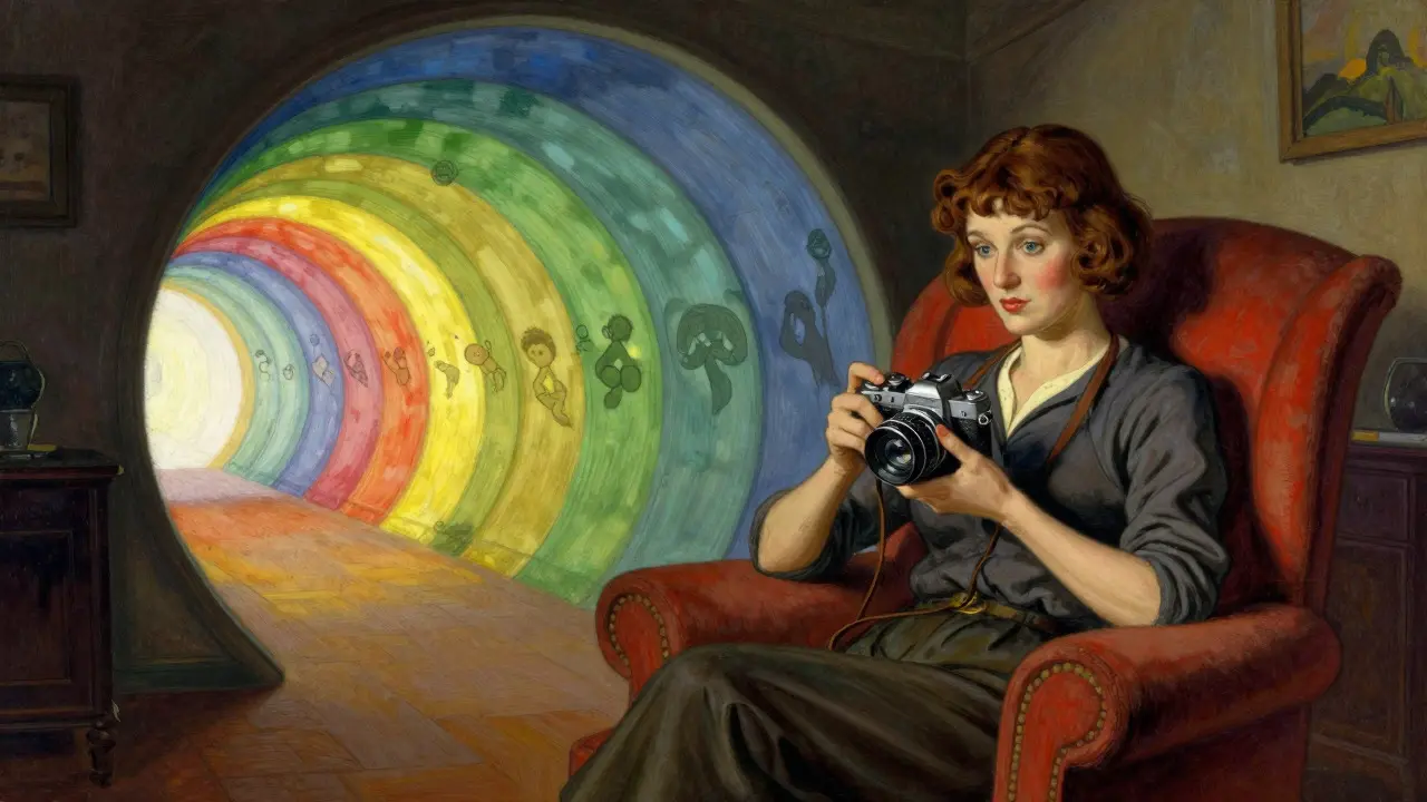 Žena s fotoaparátem sedí u tunelu zbarveného do různých odstínů