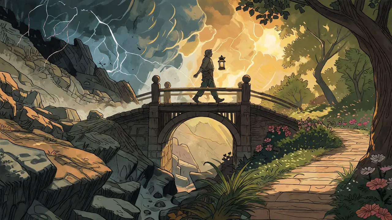 Alégorická ilustrace přechodu z bouřlivé krize do klidné zahrady uzdravování přes most.