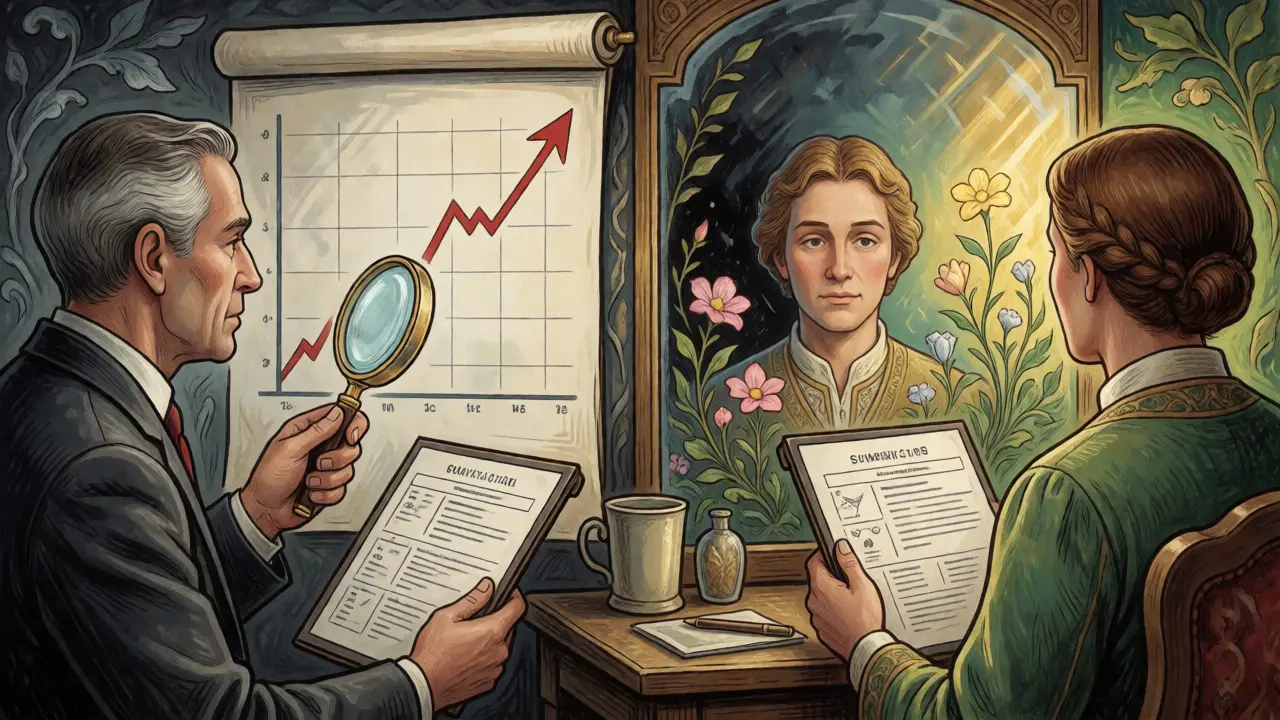 Alégorická ilustrace terapeuta sledujícího pokrok klienta pomocí grafu a zrcadla.