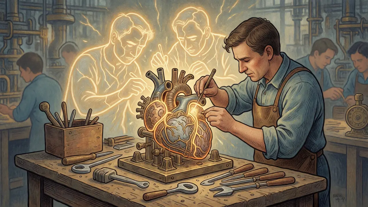 Ilustrace péče o duševní zdraví jako údržby cenného nástroje.