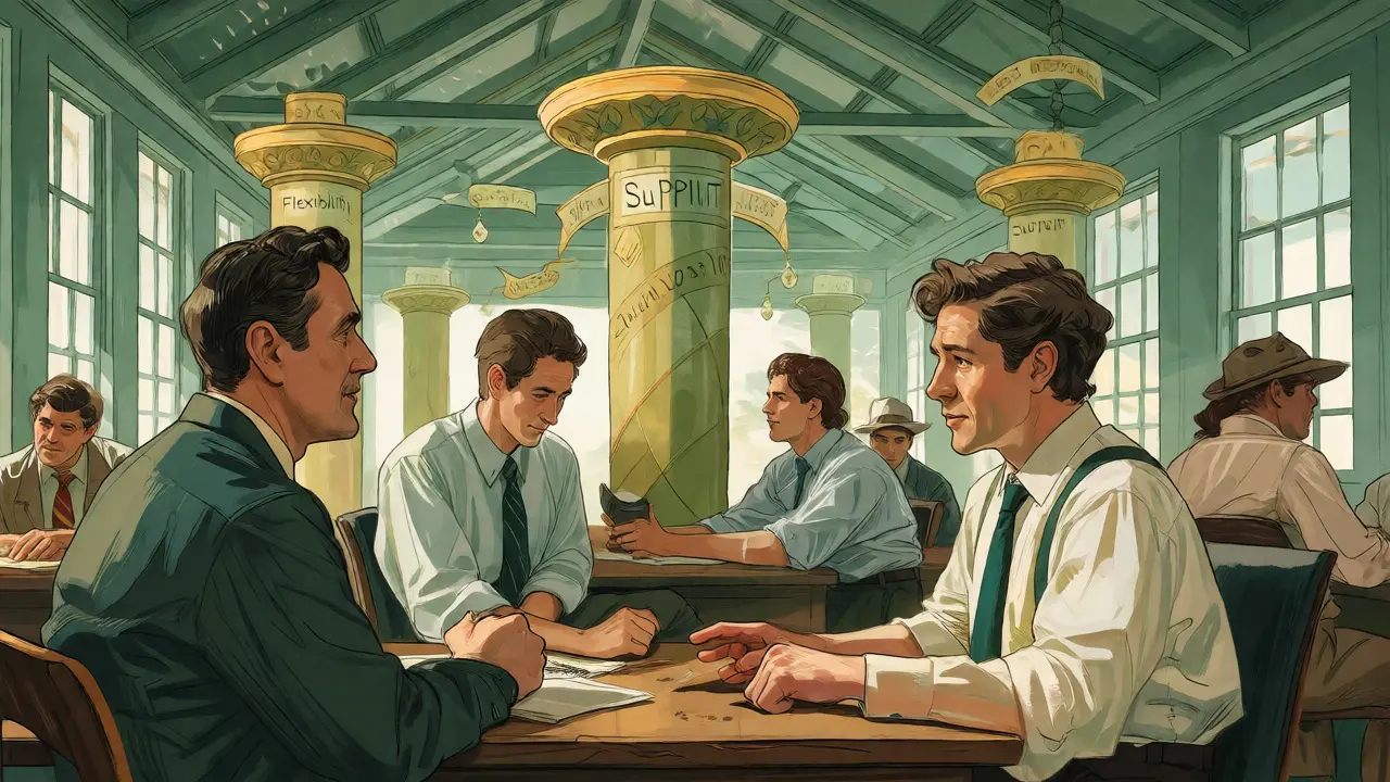 Ilustrace podpůrného pracovního prostředí s důrazem na prevenci stresu a týmovou spolupráci.