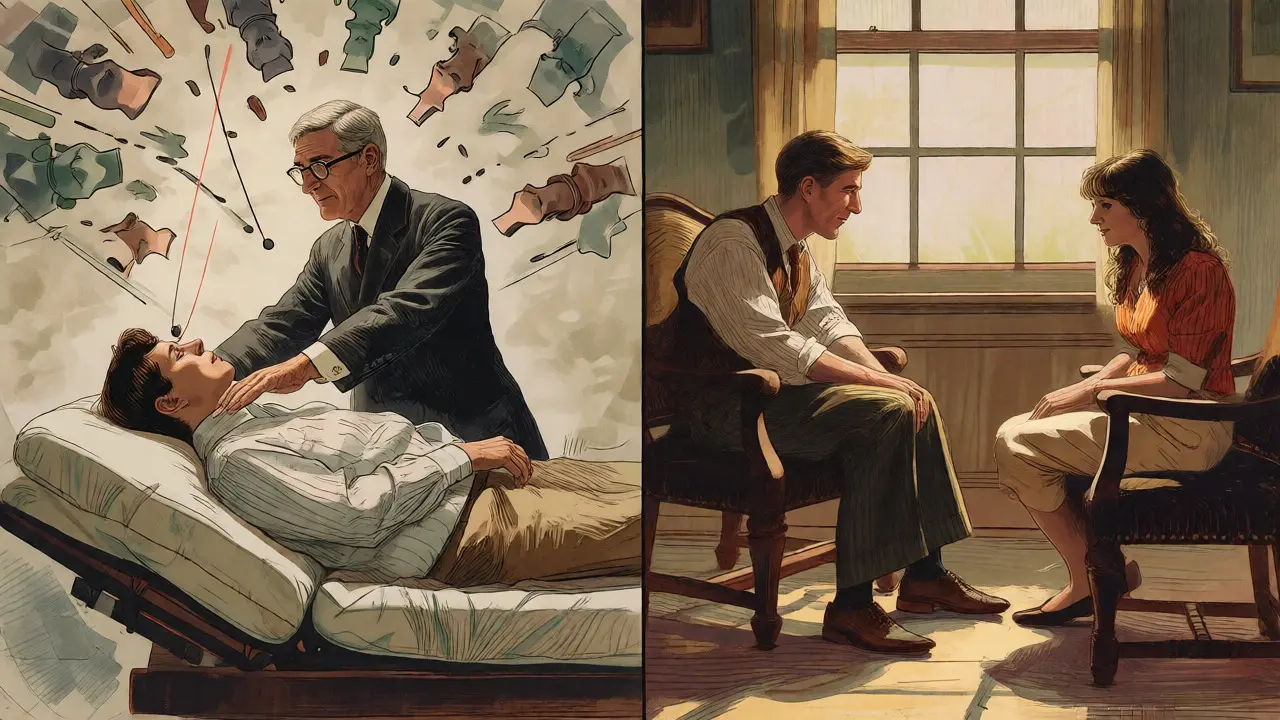 Ilustrace porovnávající EMDR terapii a párovou terapii ve stylu Howarda Pyleho.