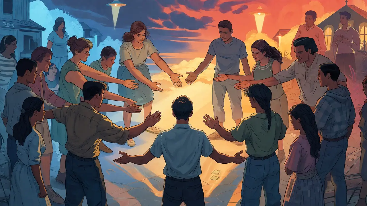 Ilustrace v Howard Pyle stylu: komunita podporující jednotlivce v kruhu solidarity.