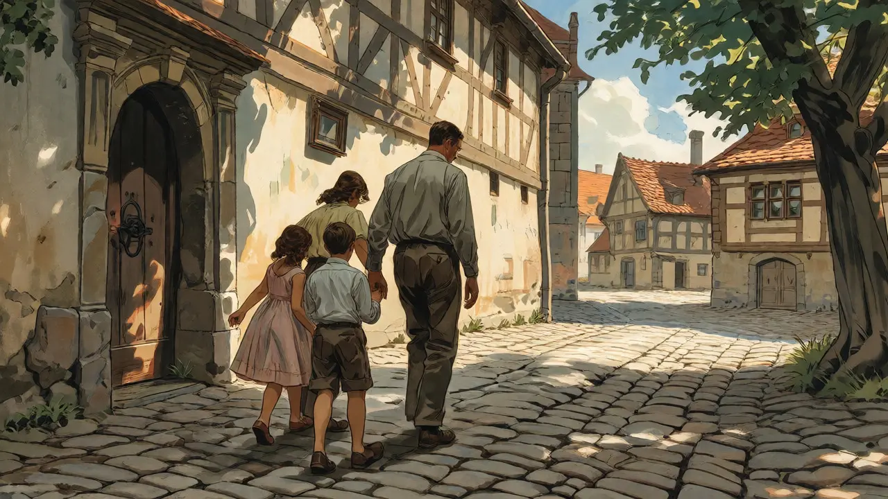 Ilustrace v Howard Pyle stylu: Rodina kráčí společně po dlážděné cestě v českém městě, což znázorňuje postupné uzdravování a novou rovnováhu.