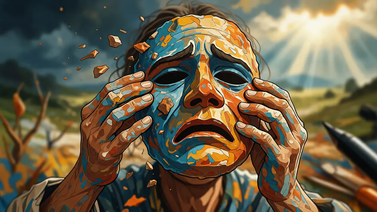 Člověk držící barevnou masku strachu v momentě emočního uvolnění a katarze