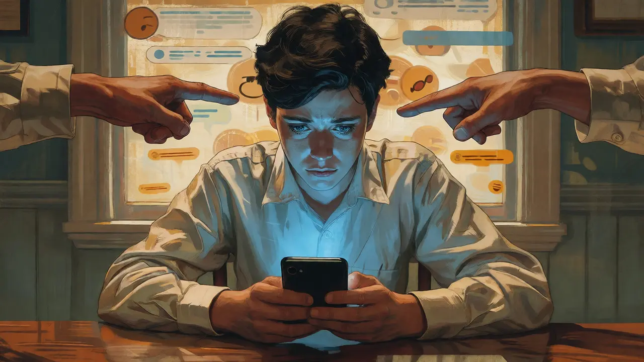 Člověk zachycený v pastí protichůdných příkazů při používání telefonu, ilustrace ve stylu Pyleho.