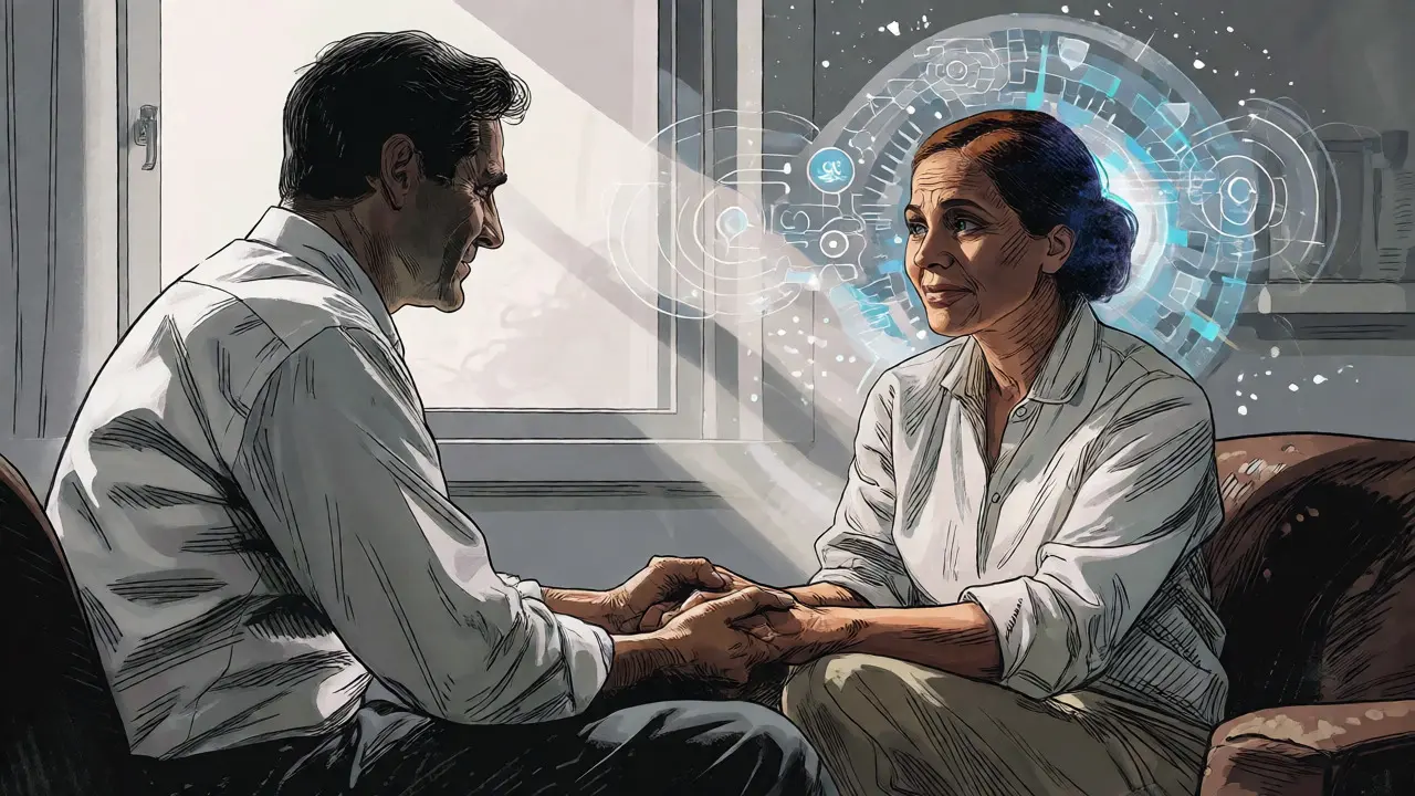 Hybridní terapie s lidským kontaktem a digitálními prvky, ilustrace