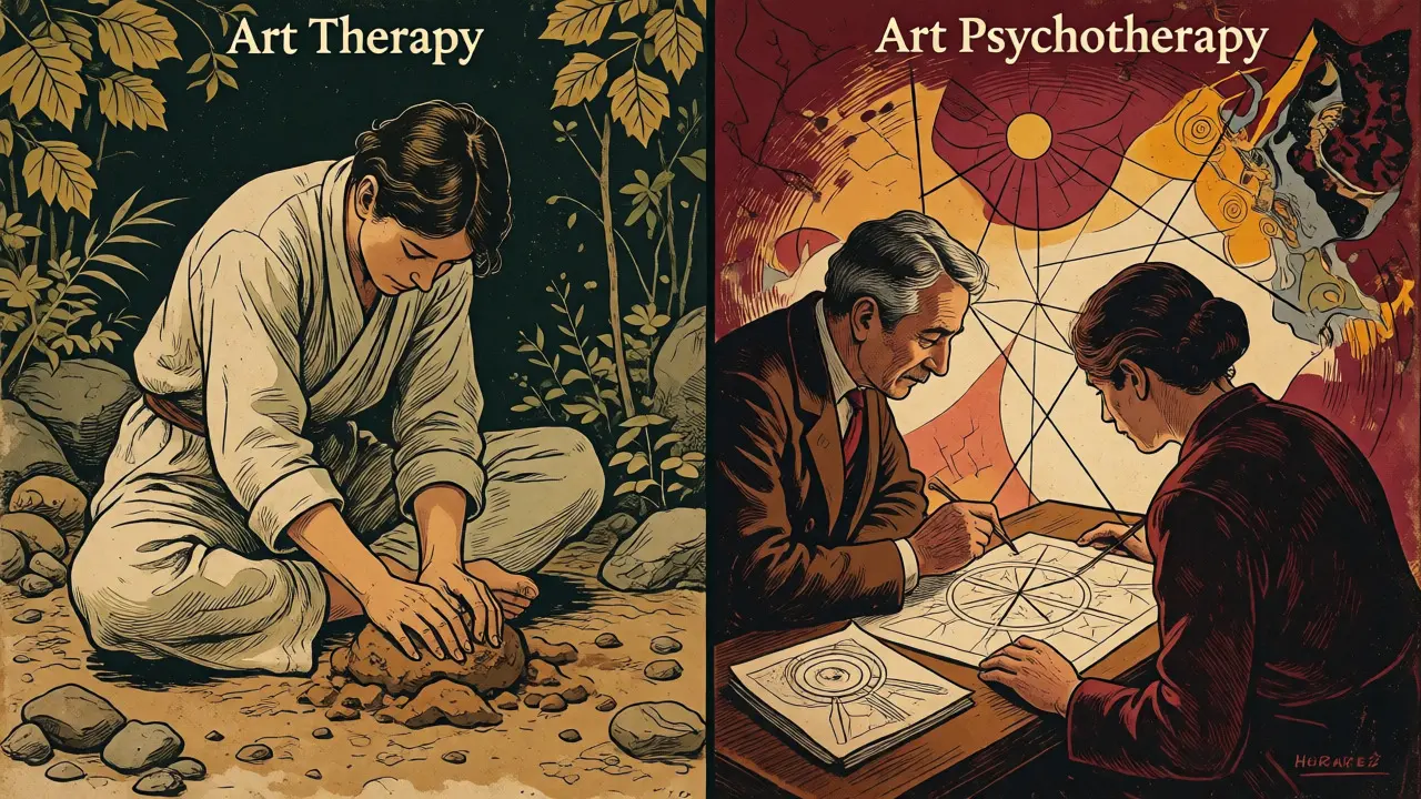 Ilustrace kontrastující práci s hlínou pro relaxaci a psychologickou analýzu díla