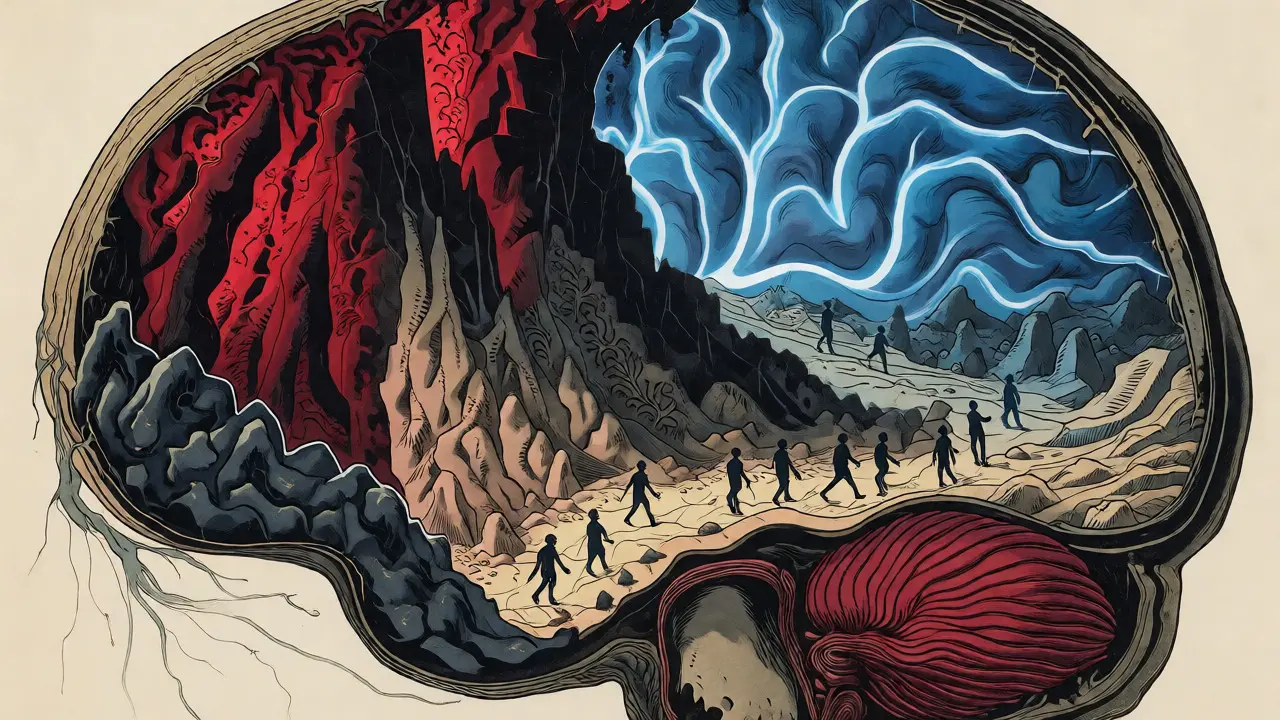 Ilustrace mozku jako krajiny znázorňující neuroplasticitu