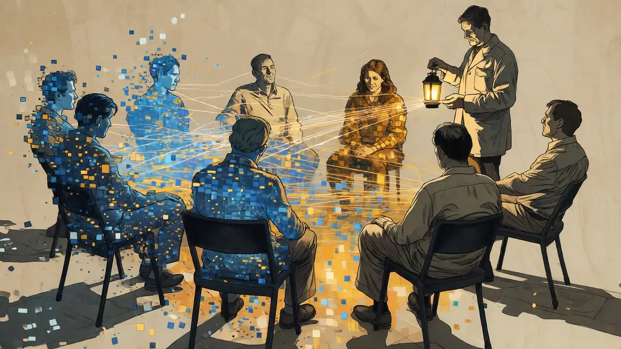 Ilustrace propojení lidí ve virtuální terapeutické skupině pomocí zlatých nití.
