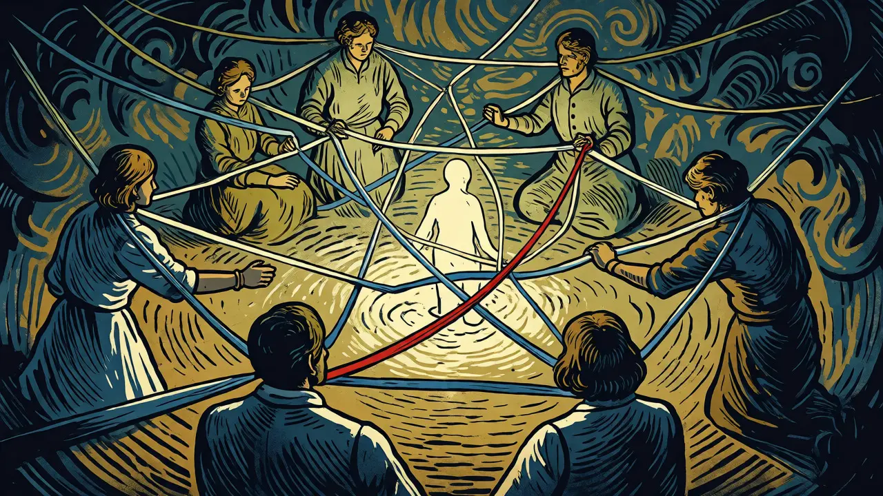 Metaforická ilustrace propojené rodinné sítě s nitkami představujícími vztahové dynamiky.