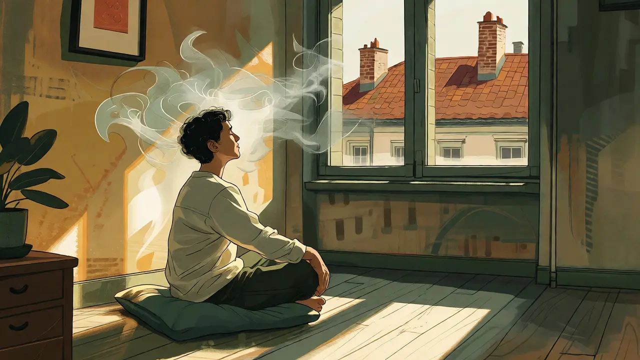 Osoba praktikující mindfulness v útulném městském interiéru
