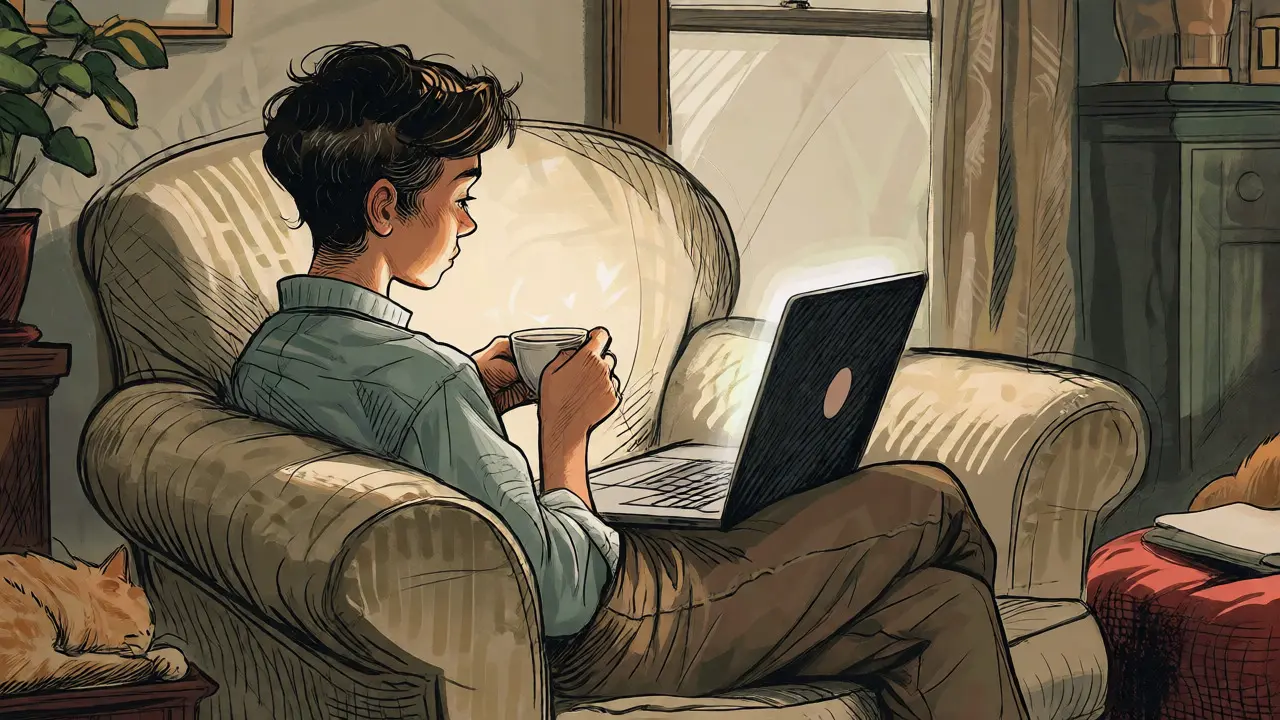 Osoba v pohodlném domácím prostředí komunikuje s terapeutem přes notebook během online sezení.