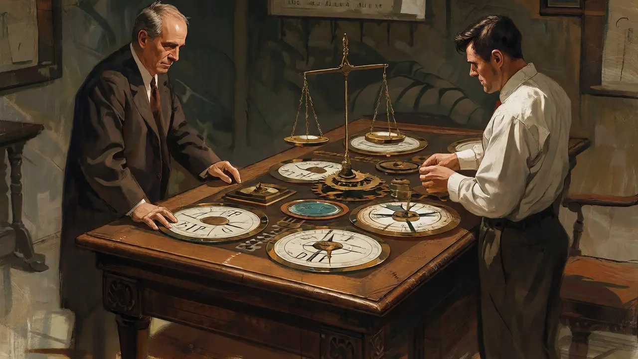 Poradce u stolu s abstraktními nástroji pro diagnostiku osobnosti klienta ve stylu staré ilustrace.