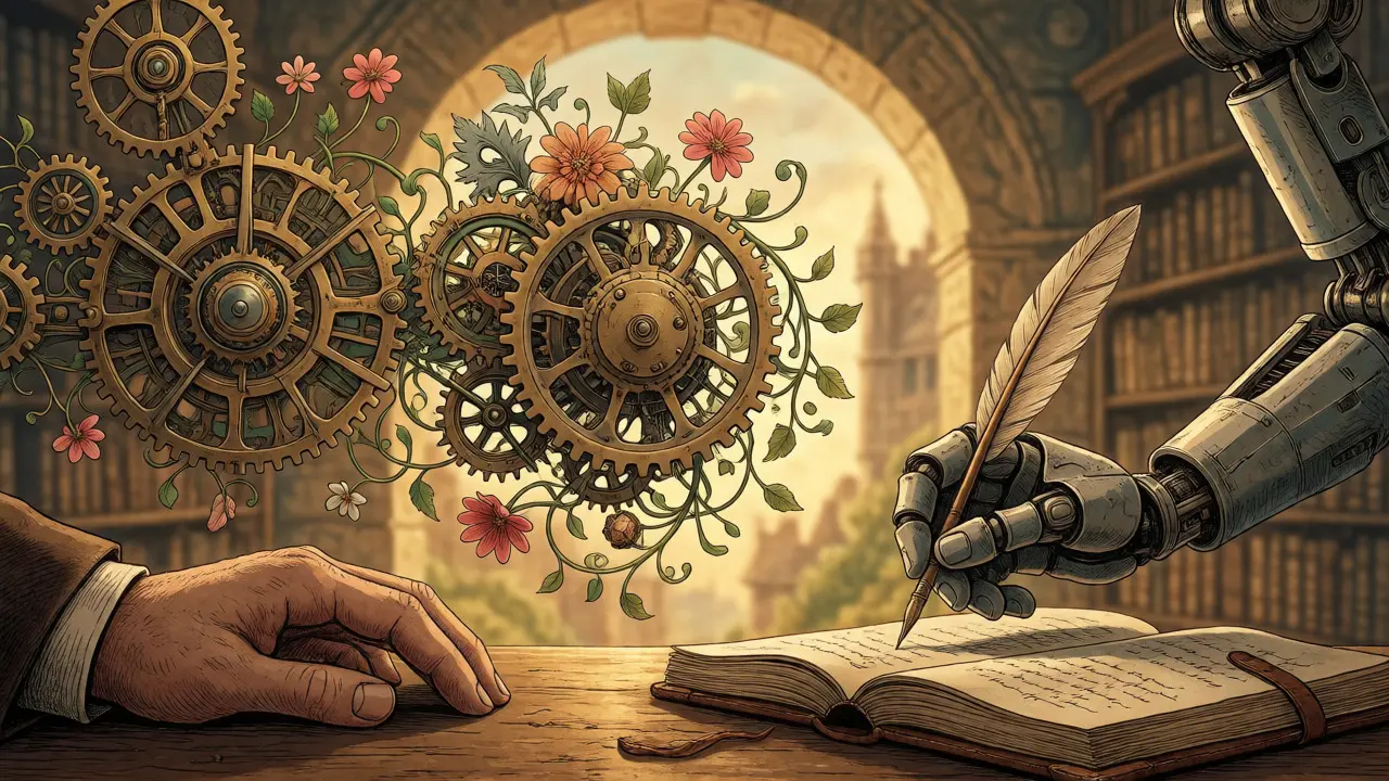 Ruka terapeuta a robotická ruka společně píší do deníku, ilustrace ve stylu Howarda Pyleho
