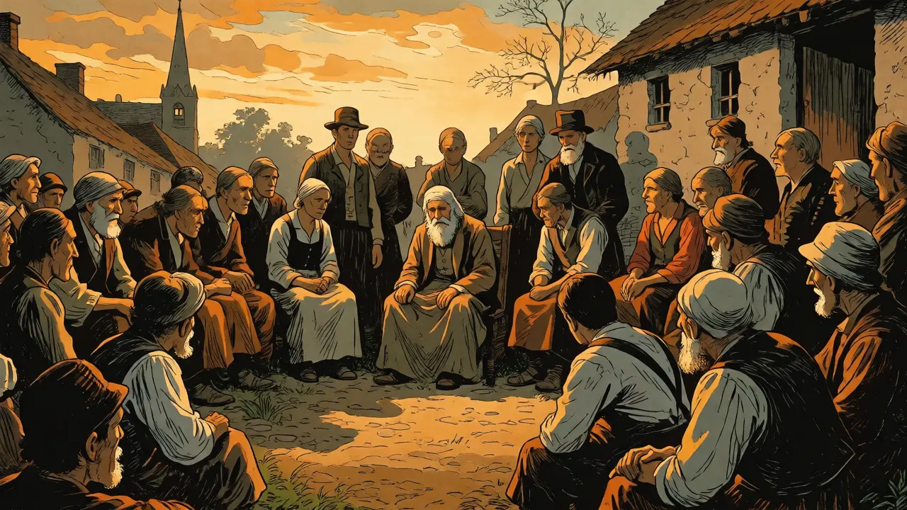Scéna vesnického náměstí, kde sousedé naslouchají staršímu muži, symbolizující proces uzdravování komunity.